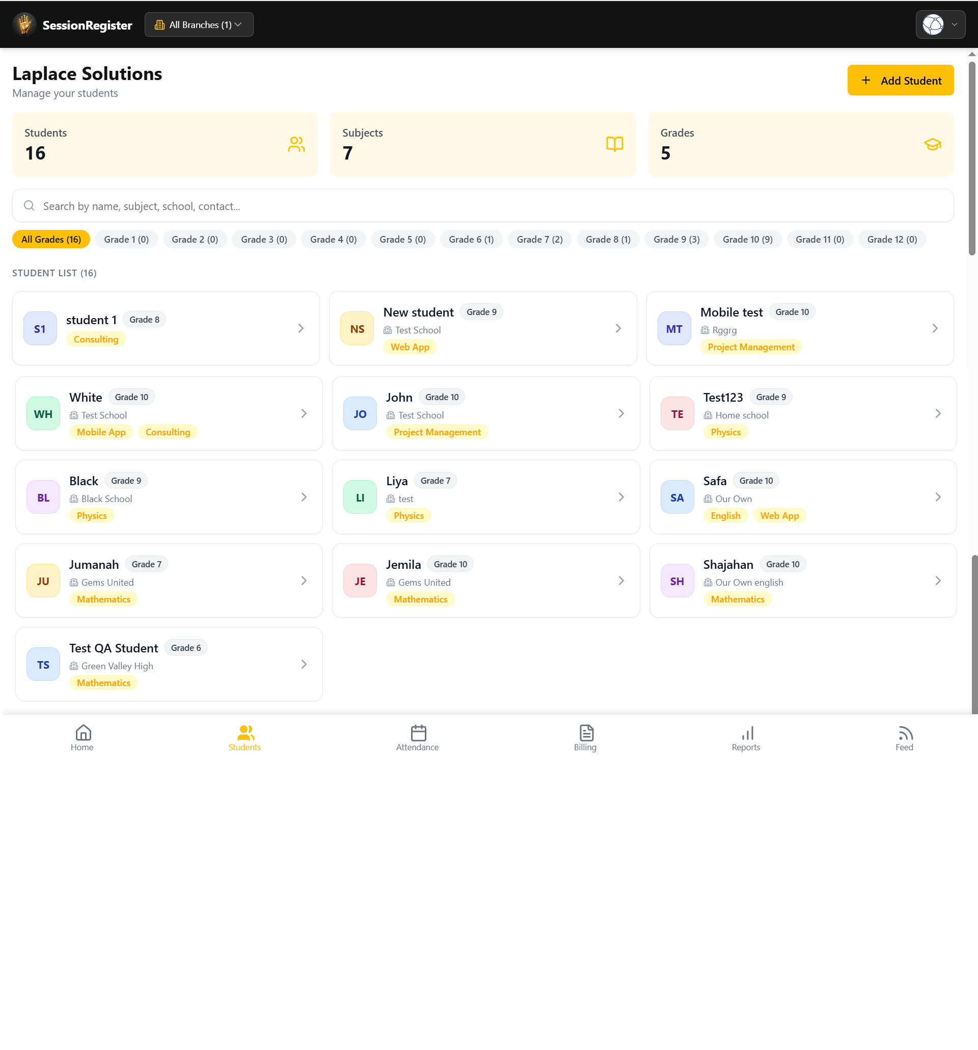SessionRegister student management interface